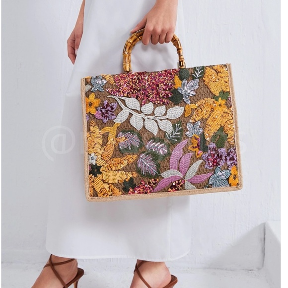 Rouge! Handbags - Sequined Floral Decorated Straw Tote Bag Bamboo Handle Embroidered